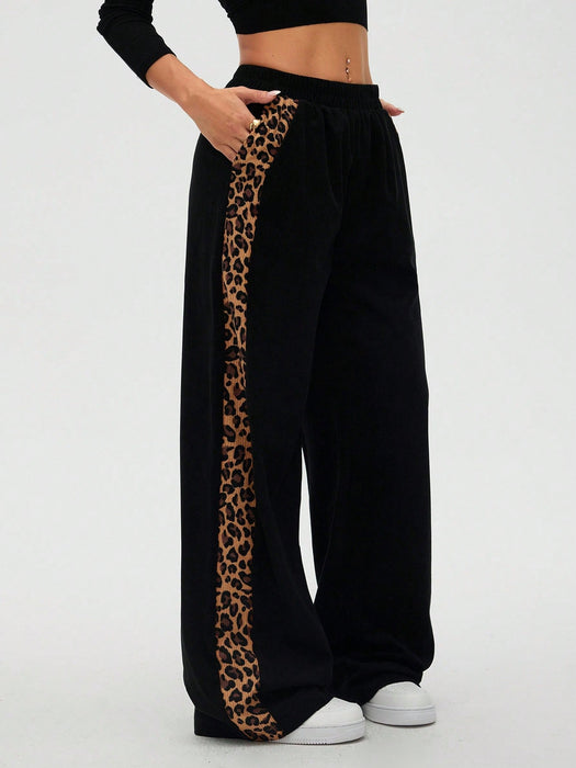 Women Leopard Print Patchwork Casual Straight Leg Pants