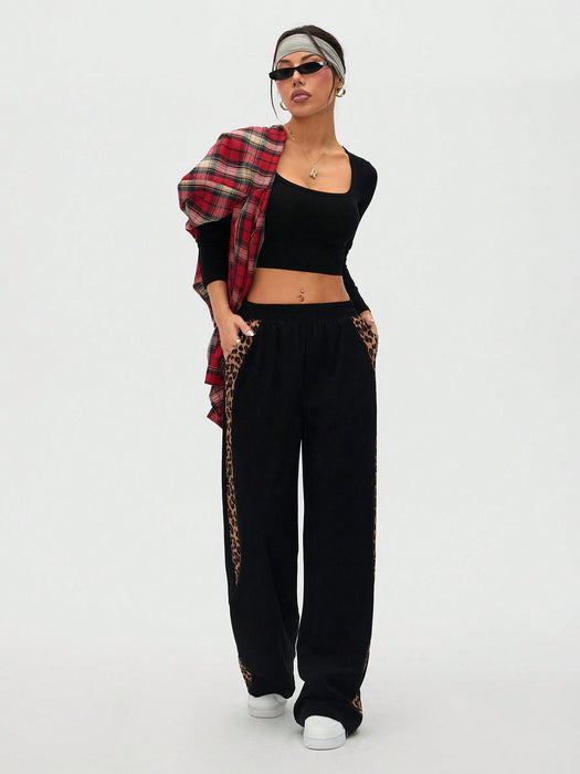 Women Leopard Print Patchwork Casual Straight Leg Pants