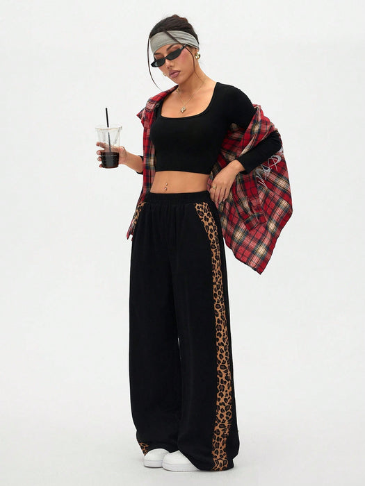 Women Leopard Print Patchwork Casual Straight Leg Pants