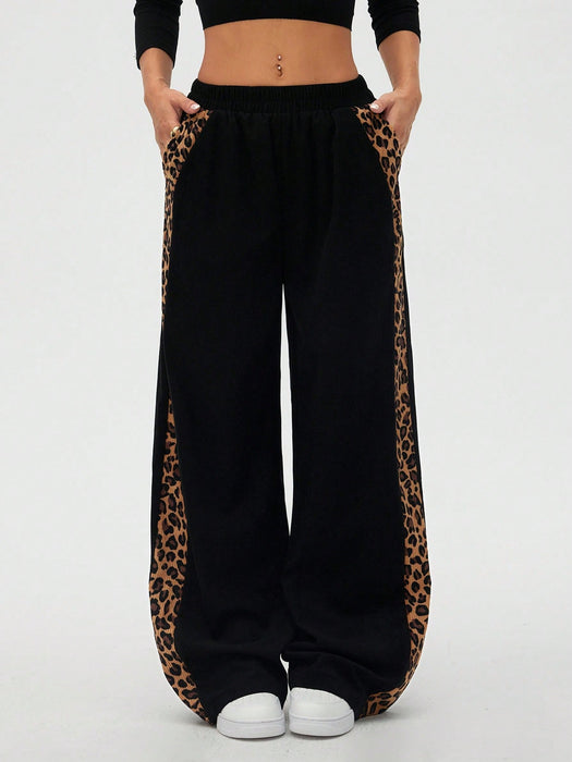 Women Leopard Print Patchwork Casual Straight Leg Pants