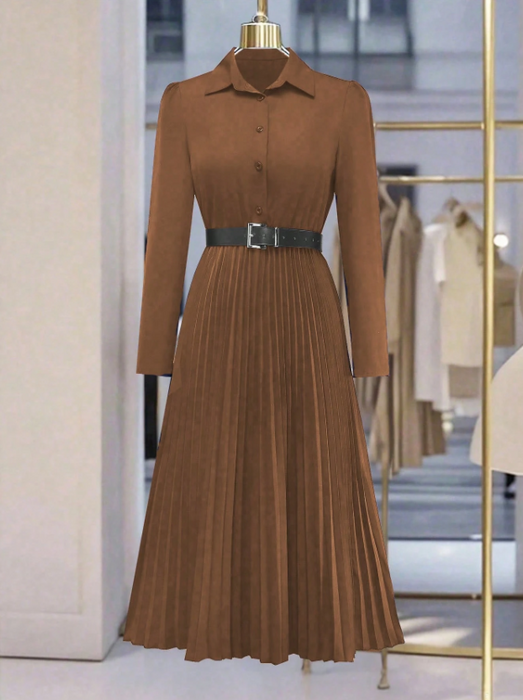 Women’s Elegant Long Sleeve Pleated Dress Button Waist Design