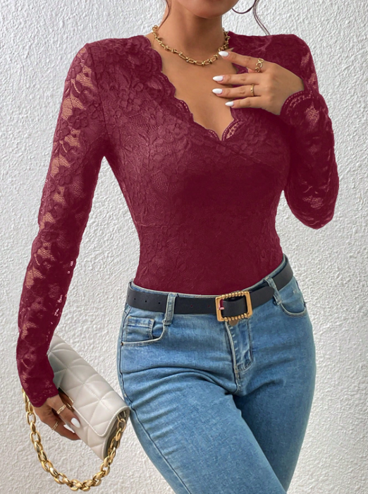 Women Slim Fit Lace Long Sleeve Bodysuit