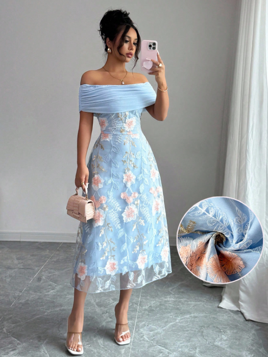 Women Mesh Panel Embroidery Off-Shoulder Ruffle Cutout Dress