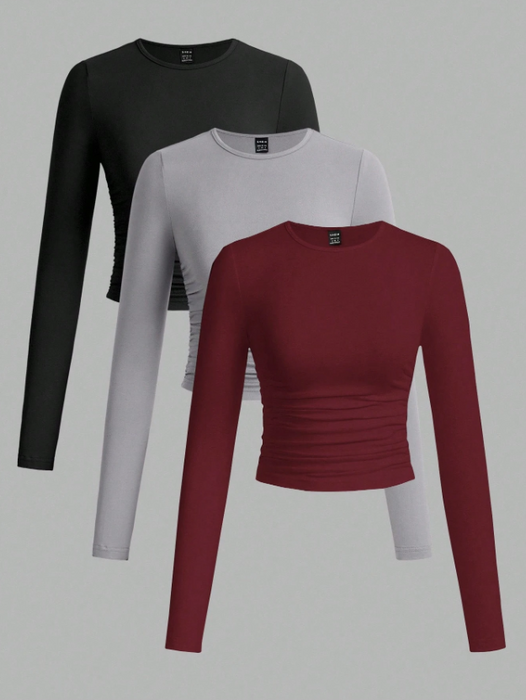3pcs/Set Women's Casual Solid Color Crew Neck Ruched Long Sleeve T-Shirts
