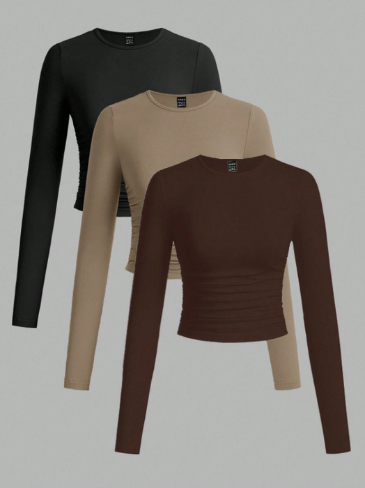 3pcs/Set Women's Casual Solid Color Crew Neck Ruched Long Sleeve T-Shirts
