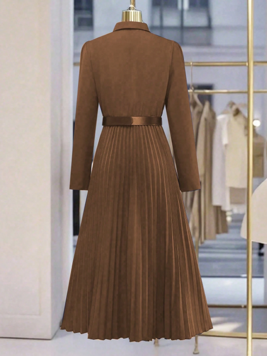 Women’s Elegant Long Sleeve Pleated Dress Button Waist Design