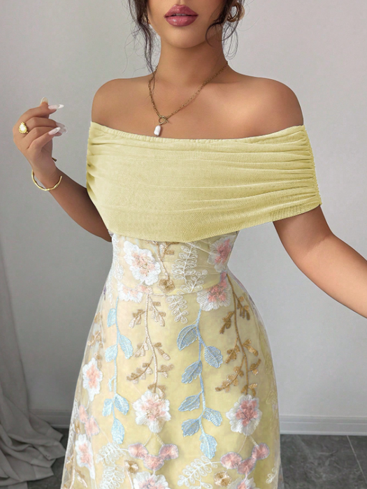 Women Mesh Panel Embroidery Off-Shoulder Ruffle Cutout Dress
