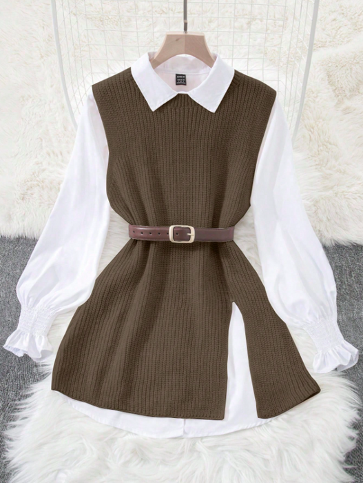 Women’s 2-Piece Layered Outfit Lantern Sleeve Blouse & Knit Vest Set