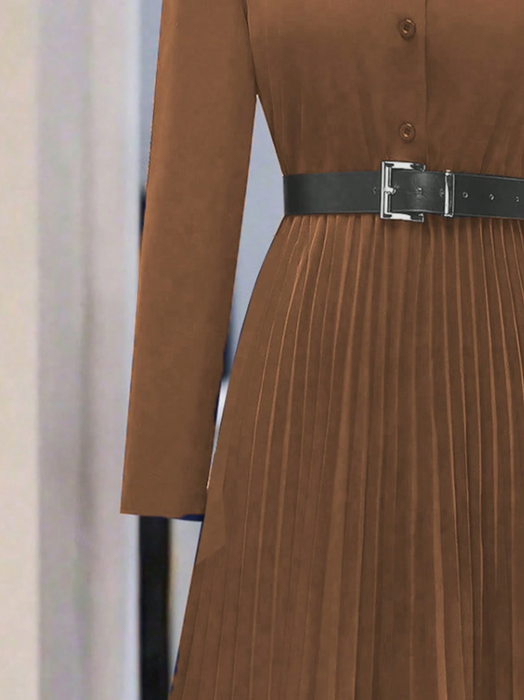 Women’s Elegant Long Sleeve Pleated Dress Button Waist Design