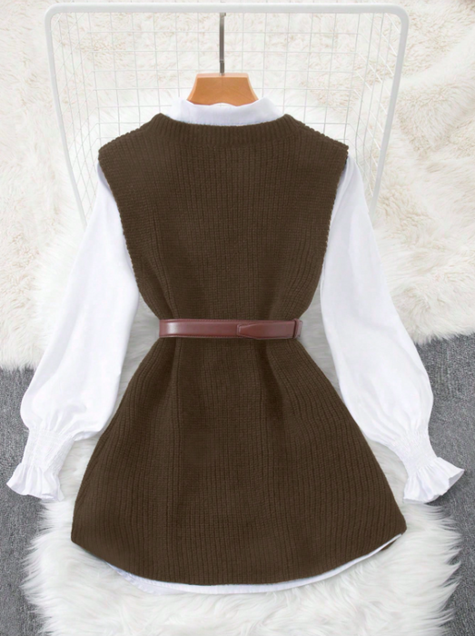 Women’s 2-Piece Layered Outfit Lantern Sleeve Blouse & Knit Vest Set