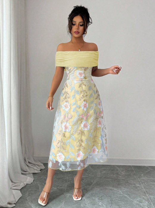 Women Mesh Panel Embroidery Off-Shoulder Ruffle Cutout Dress