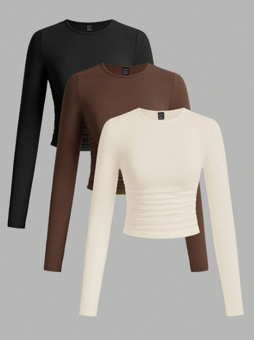 3pcs/Set Women's Casual Solid Color Crew Neck Ruched Long Sleeve T-Shirts
