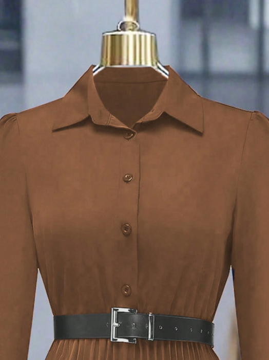 Women’s Elegant Long Sleeve Pleated Dress Button Waist Design