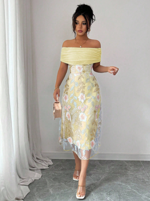 Women Mesh Panel Embroidery Off-Shoulder Ruffle Cutout Dress