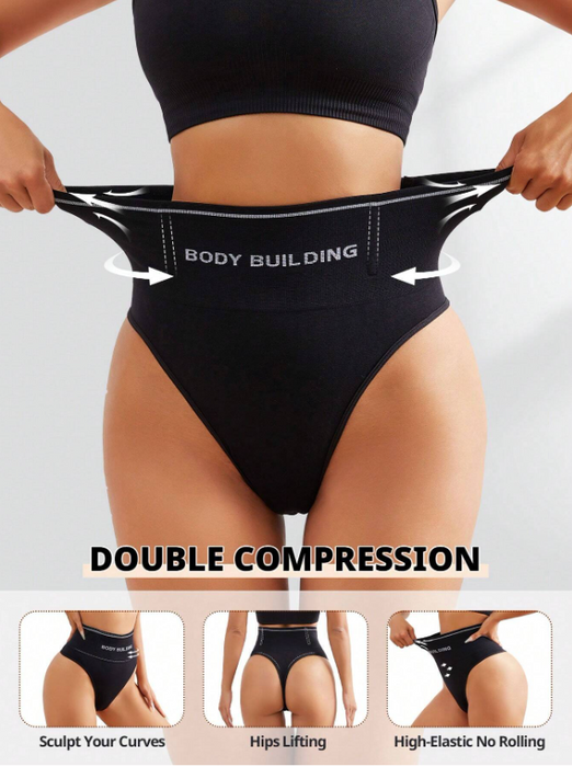 Women Seamless High-Rise Tummy Control Shapewear Thong Black