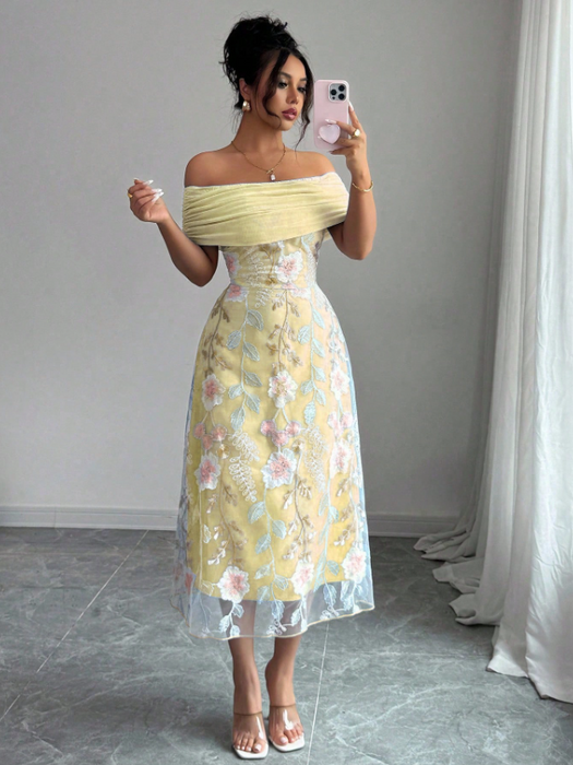Women Mesh Panel Embroidery Off-Shoulder Ruffle Cutout Dress