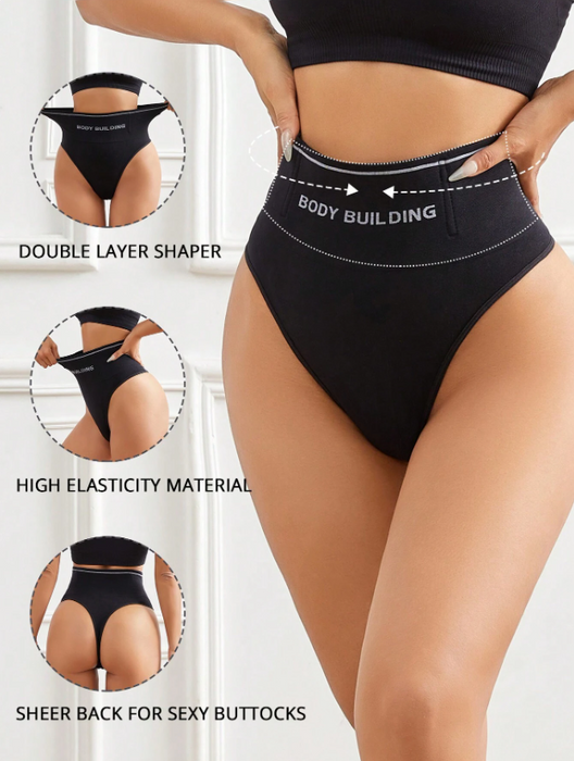Women Seamless High-Rise Tummy Control Shapewear Thong Black