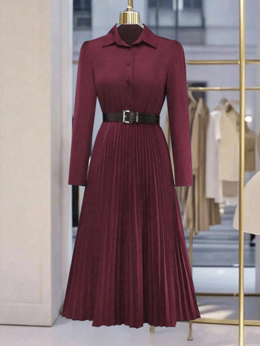 Women’s Elegant Long Sleeve Pleated Dress Button Waist Design