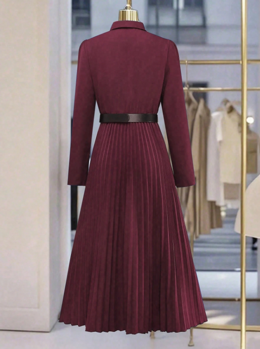 Women’s Elegant Long Sleeve Pleated Dress Button Waist Design