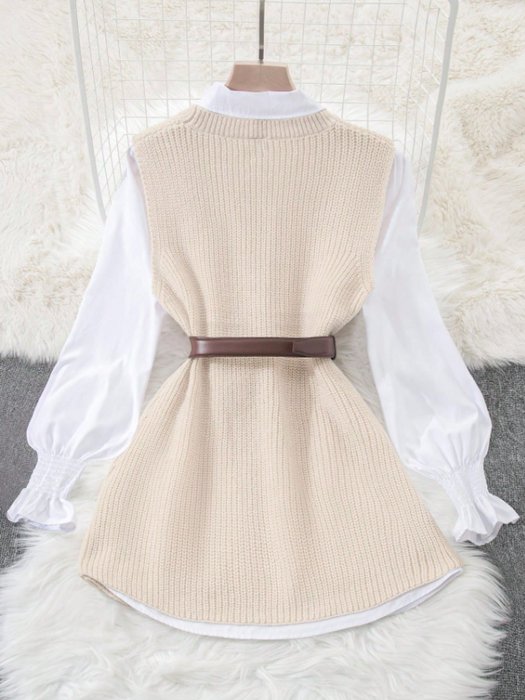 Women’s 2-Piece Layered Outfit Lantern Sleeve Blouse & Knit Vest Set