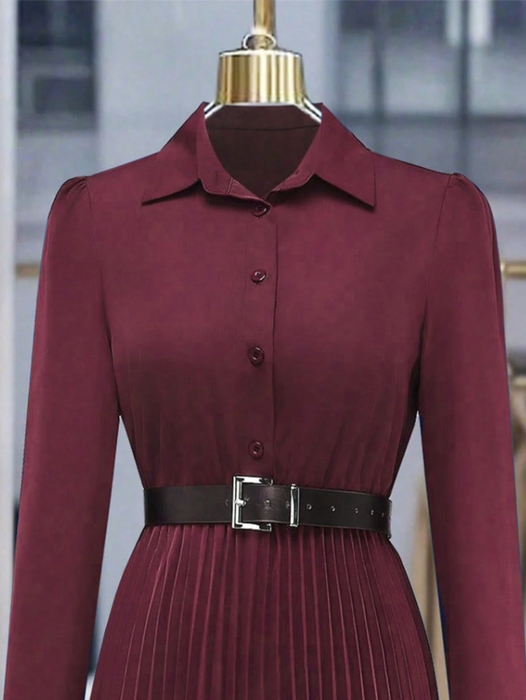 Women’s Elegant Long Sleeve Pleated Dress Button Waist Design