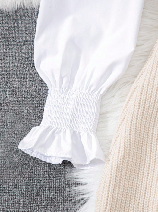 Women’s 2-Piece Layered Outfit Lantern Sleeve Blouse & Knit Vest Set