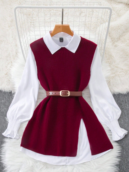 Women’s 2-Piece Layered Outfit Lantern Sleeve Blouse & Knit Vest Set