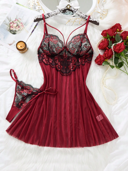 Women Black & Red Rose Gothic Lace Crop Top Dress & Thong Lingerie Set