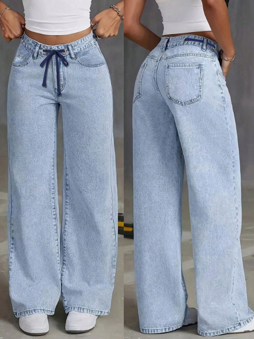 Women’s Wide Leg Jeans Drawstring Waist, Light Wash Casual Trousers