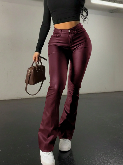 Spring Black American Style Faux Leather Flared Pant