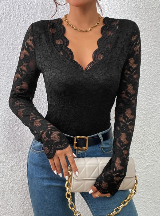 Women Slim Fit Lace Long Sleeve Bodysuit