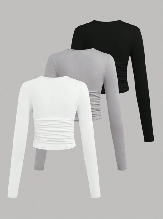 3pcs/Set Women's Casual Solid Color Crew Neck Ruched Long Sleeve T-Shirts