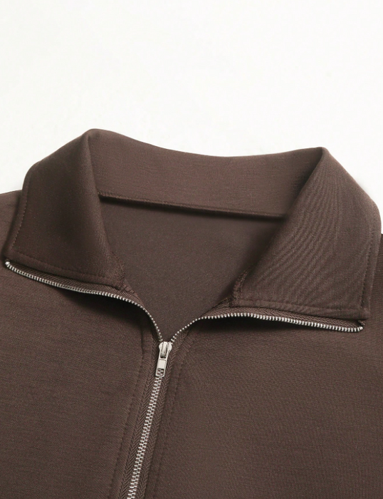 Vintage Style 3PCS Half-Zip Sweatshirt Set Solid Colour Drawstring Hem