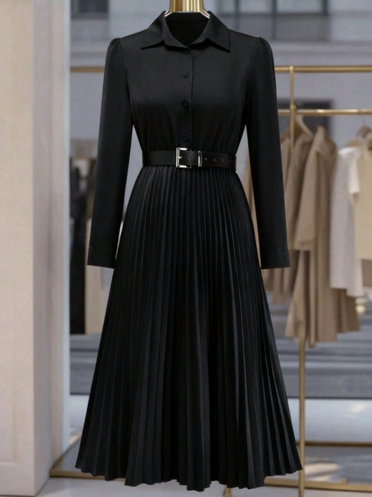 Women’s Elegant Long Sleeve Pleated Dress Button Waist Design
