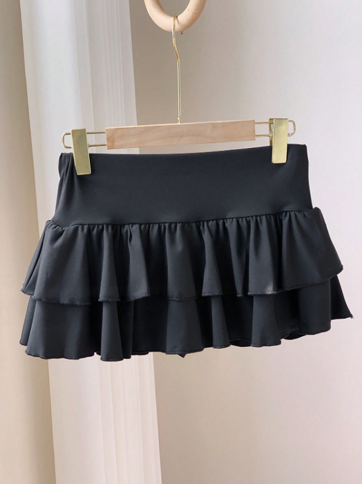 Solid Color Ruffle Hem Casual Short Skirt