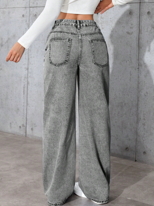 Women’s Washed Grey Straight Leg Jeans Drawstring Waist & Pocket Detail