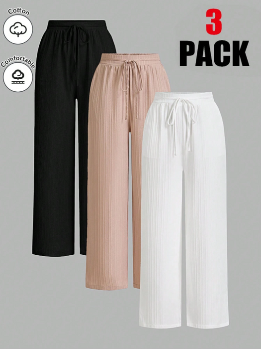 Pack of 3 Solid Color Waist-Tie Wide Leg Loose Casual Pants