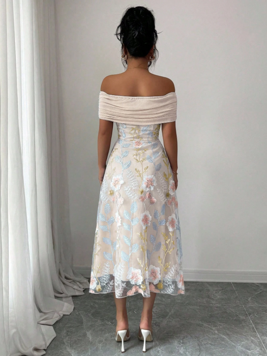 Women Mesh Panel Embroidery Off-Shoulder Ruffle Cutout Dress