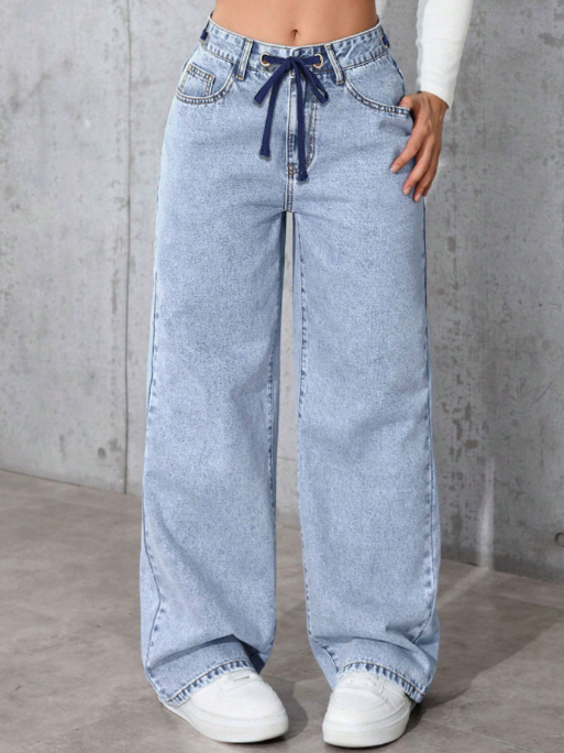 Women’s Wide Leg Jeans Drawstring Waist, Light Wash Casual Trousers