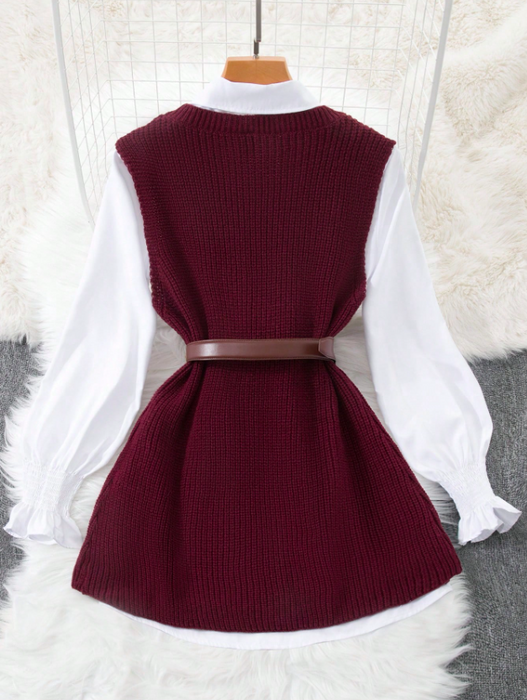 Women’s 2-Piece Layered Outfit Lantern Sleeve Blouse & Knit Vest Set