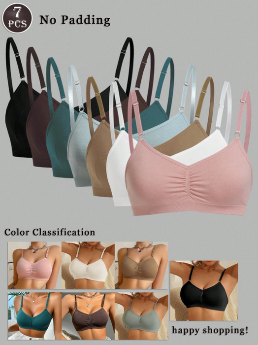 7pcs Seamless Bra Set, Comfortable Casual Bras With Adjustable Straps