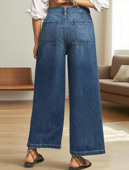 Casual Elegant Wide Leg 7/8 Length Jeans, Fashionable Diamond Pockets