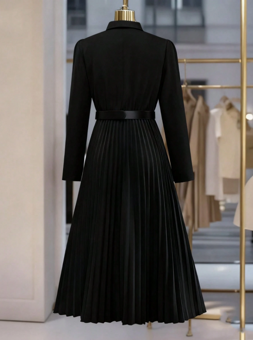 Women’s Elegant Long Sleeve Pleated Dress Button Waist Design