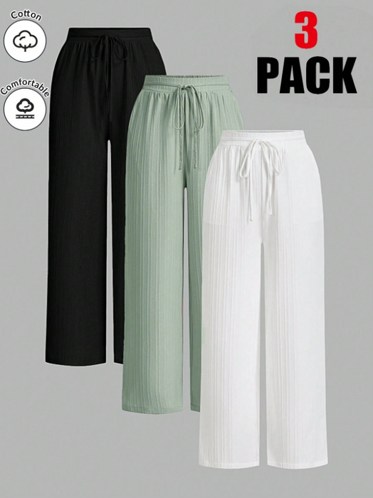 Pack of 3 Solid Color Waist-Tie Wide Leg Loose Casual Pants