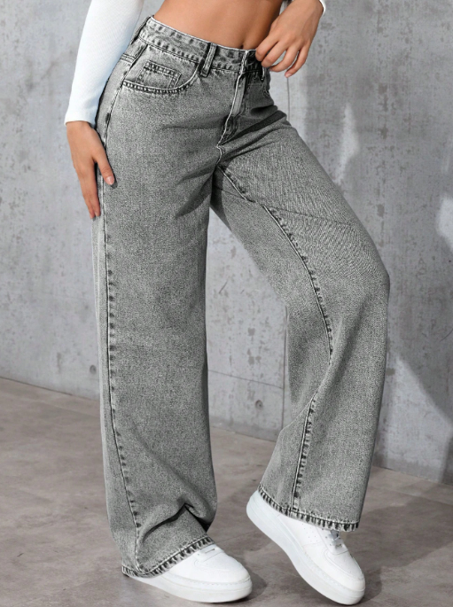 Women’s Washed Grey Straight Leg Jeans Drawstring Waist & Pocket Detail