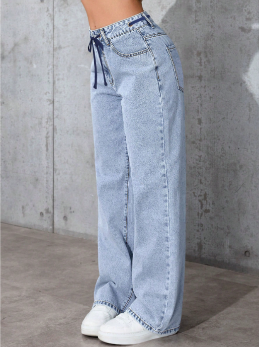 Women’s Wide Leg Jeans Drawstring Waist, Light Wash Casual Trousers