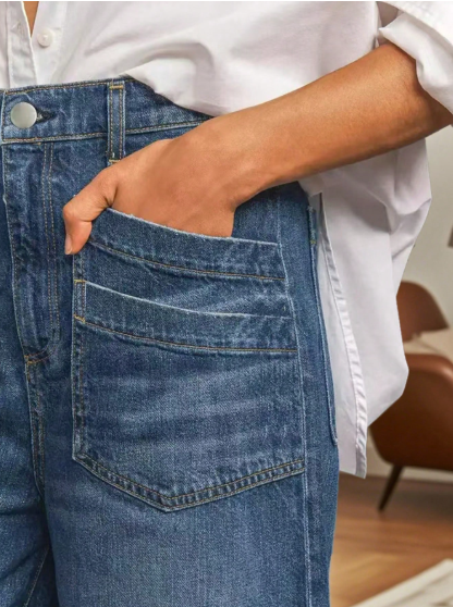 Casual Elegant Wide Leg 7/8 Length Jeans, Fashionable Diamond Pockets