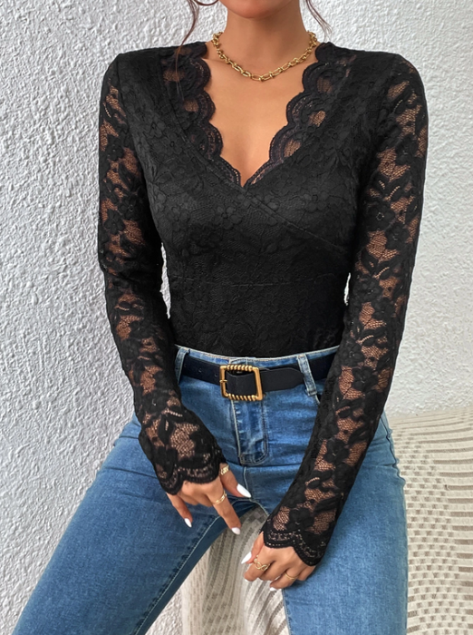 Women Slim Fit Lace Long Sleeve Bodysuit