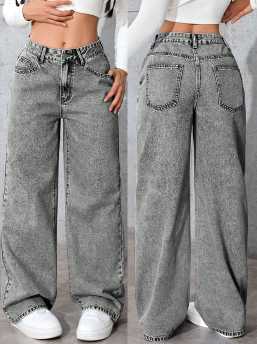 Women’s Washed Grey Straight Leg Jeans Drawstring Waist & Pocket Detail