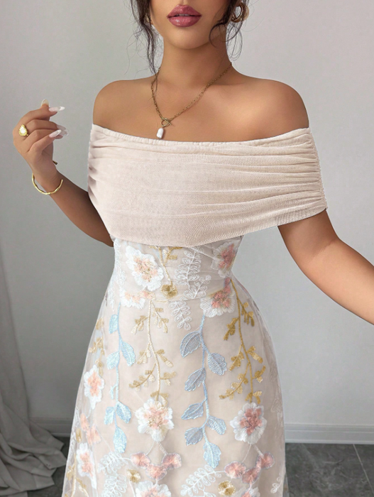 Women Mesh Panel Embroidery Off-Shoulder Ruffle Cutout Dress